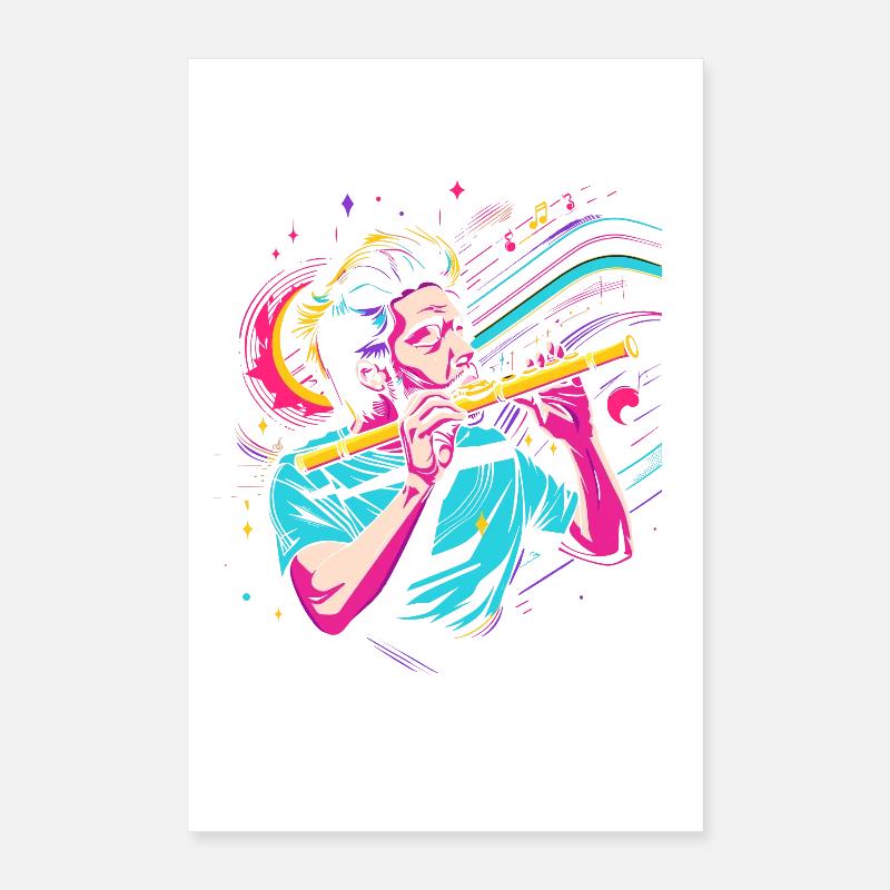 Retro Flute Player Graphic Poster 16" x 24" (40x60 cm)