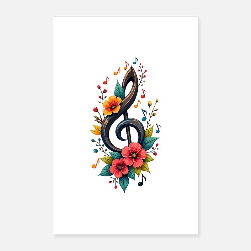 Clé de sol avec des notes colorées et des fleurs Poster 40 x 60 cm