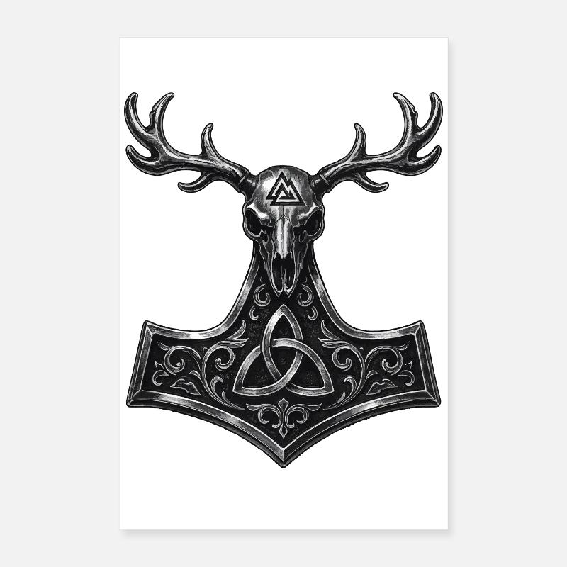 Valknut Hirsch Schädel | Mjölnir Heidnisches Symbol Poster 40x60 cm