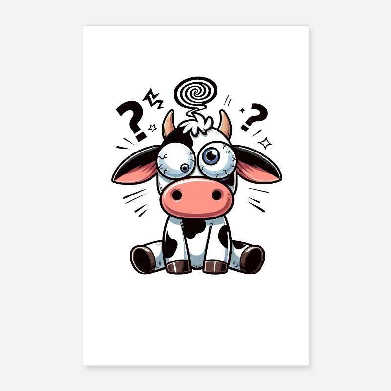 Drôle Vache Confuse Dessin Animé Yeux Écarquillés Maladroits Poster 40 x 60 cm