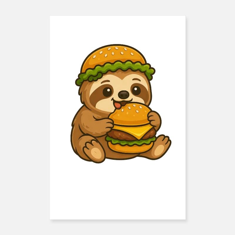 Cute Sloth Hamburger Cheeseburger Whimsical Poster 16" x 24" (40x60 cm)