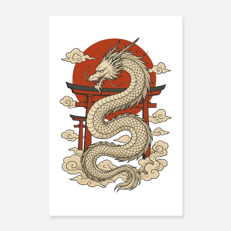 Japanese Dragon with Torii and Red Sun Poster 16" x 24" (40x60 cm)