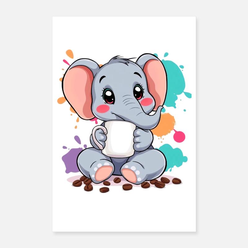 Cute elephant design with coffee cup Poster 16" x 24" (40x60 cm)