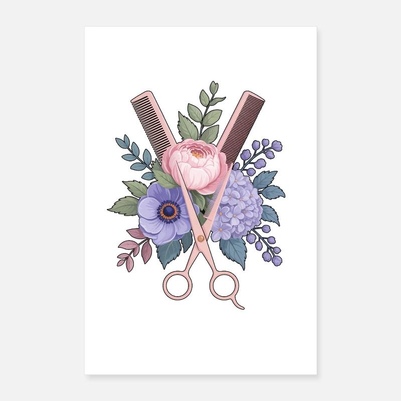 Coiffeur Ciseaux Peigne Fleurs Poster 40 x 60 cm