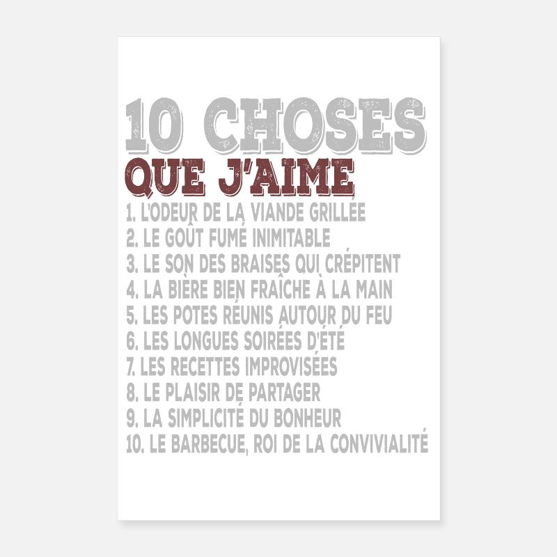 10 choses que j’aime Barbecue, grillades Poster 40 x 60 cm