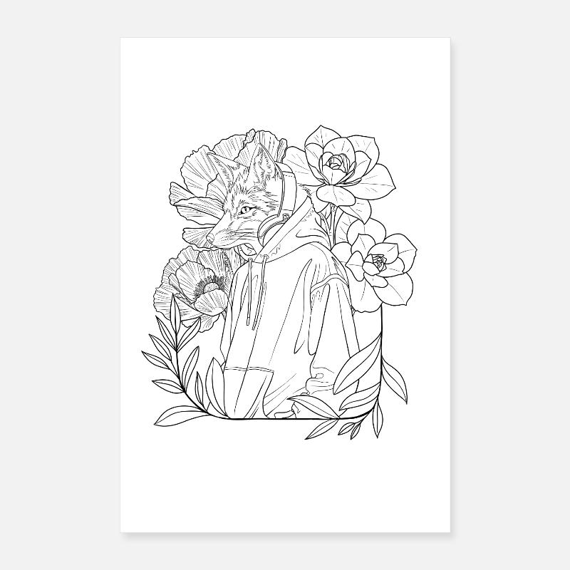 Fuchs Lineart mit Blumen Poster 40x60 cm