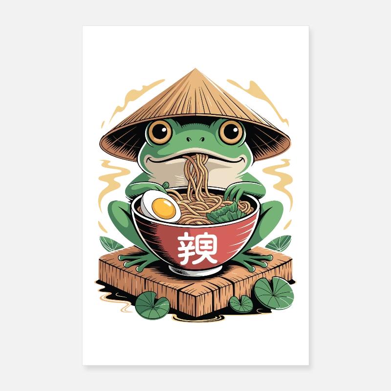 Cheerful ramen frog with rice straw hat and Poster 16" x 24" (40x60 cm)