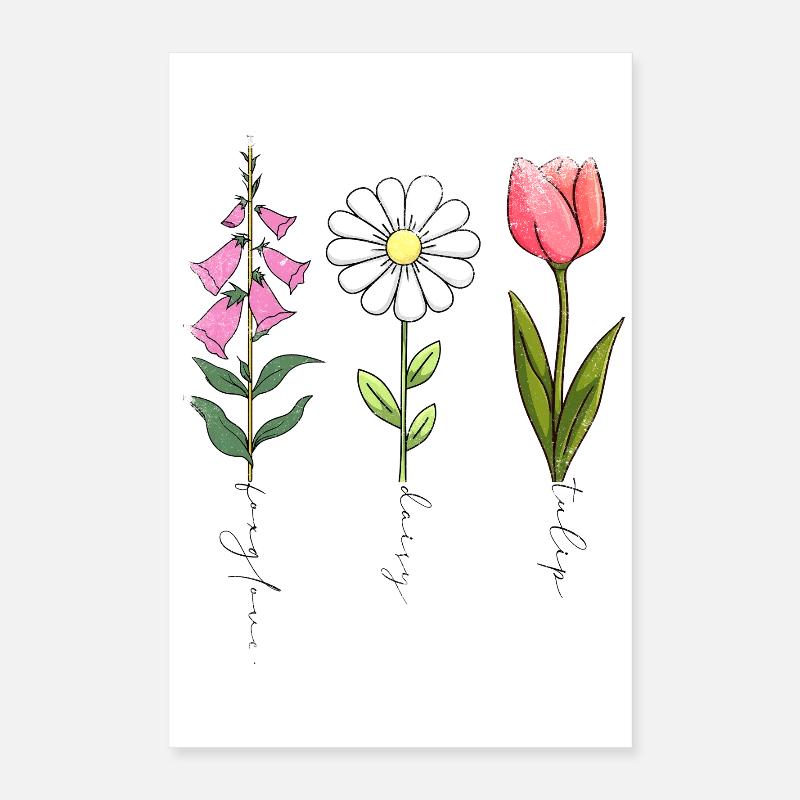 Foxglove Daisy Tulip fleurs de style vintage Poster 40 x 60 cm