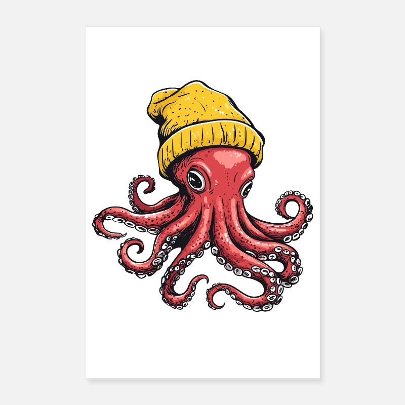 Pieuvre colorée avec chapeau dans le style de la rue Poster 40 x 60 cm
