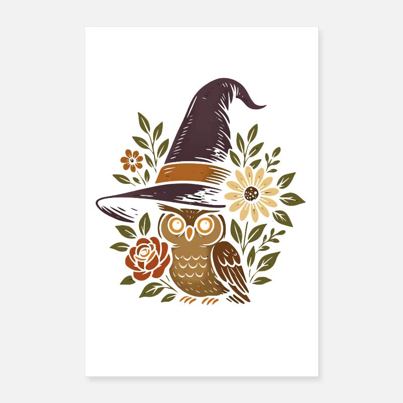 Eule im Zauberhut mit Blumen Poster 40x60 cm