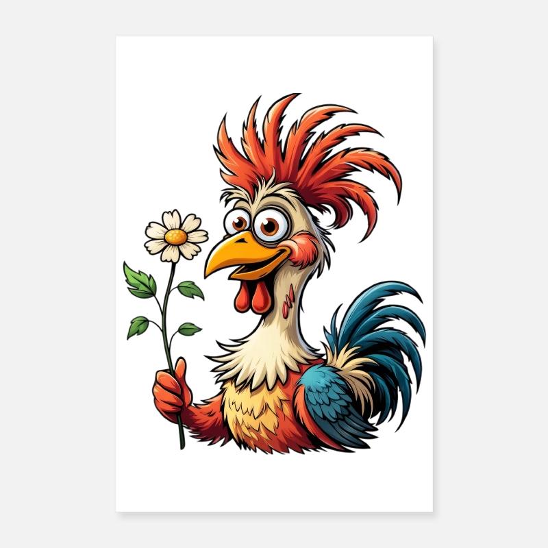 Coq de dessin animé coloré avec fleur de marguerites Poster 40 x 60 cm