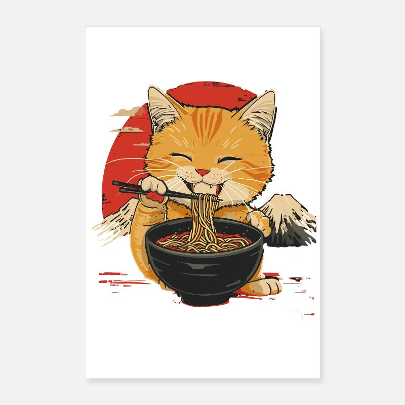 Chat mignon avec des ramen devant fond japonais Poster 40 x 60 cm