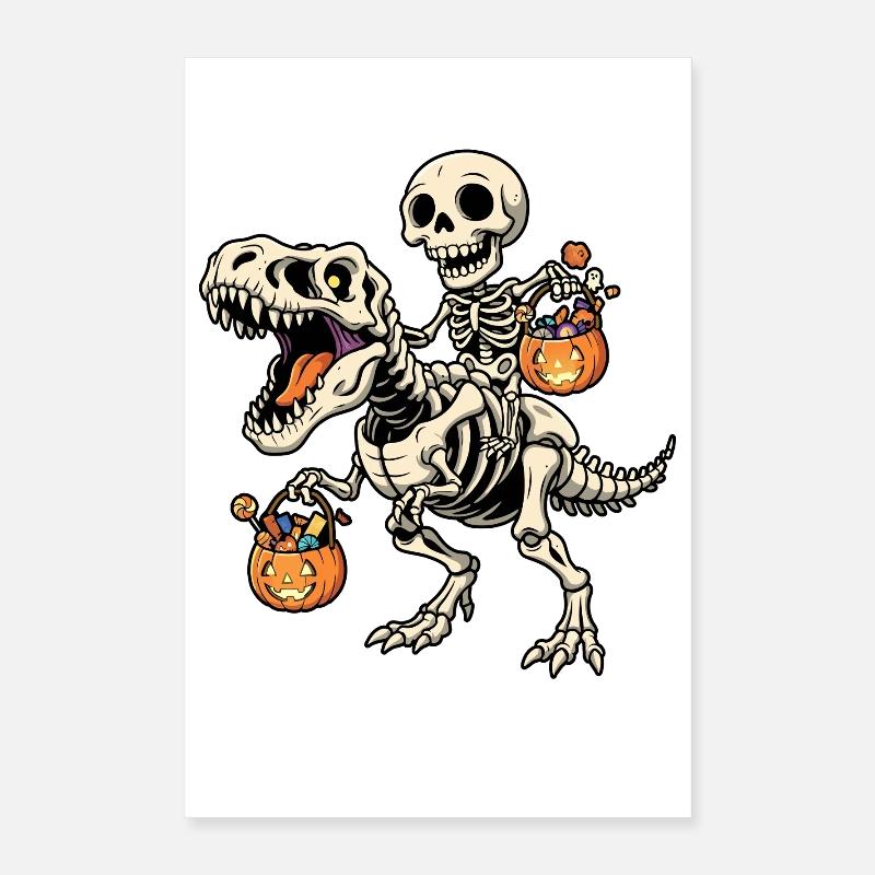 Skeleton Riding Skeleton T-Rex Halloween Dinosaur Poster 16" x 24" (40x60 cm)