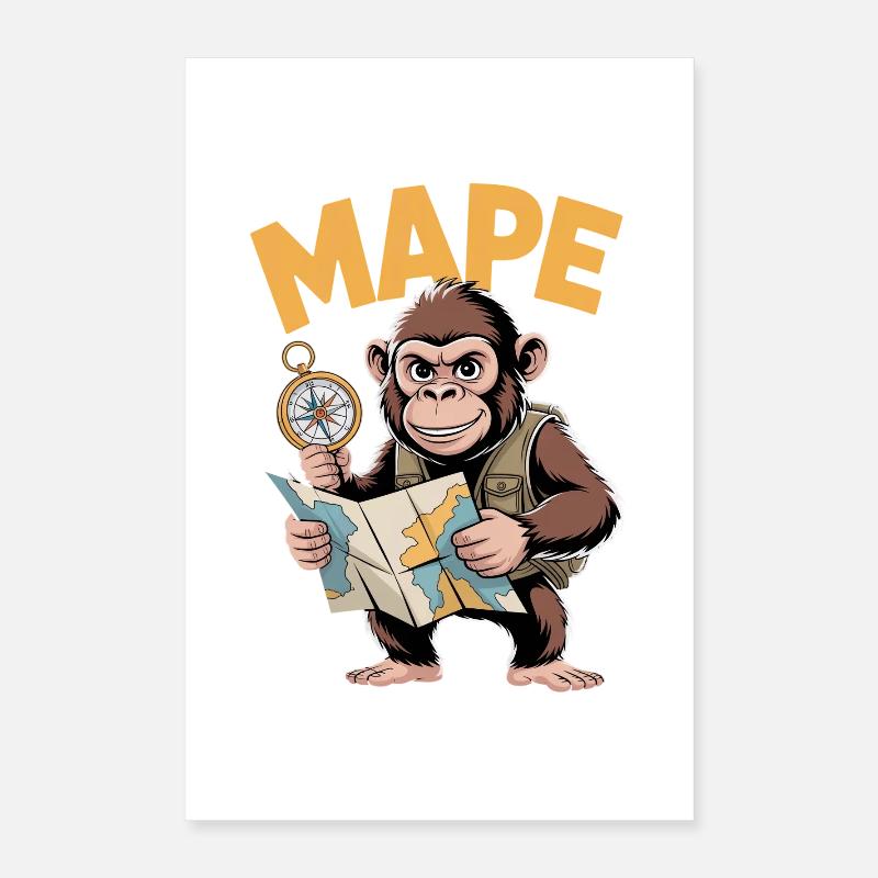 MAPE Adventure Monkey Compass Map Explorer Poster 16" x 24" (40x60 cm)