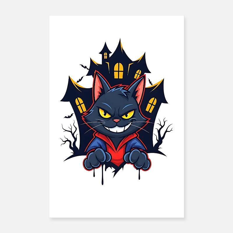 Chat souriant devant une maison hantée Poster 40 x 60 cm