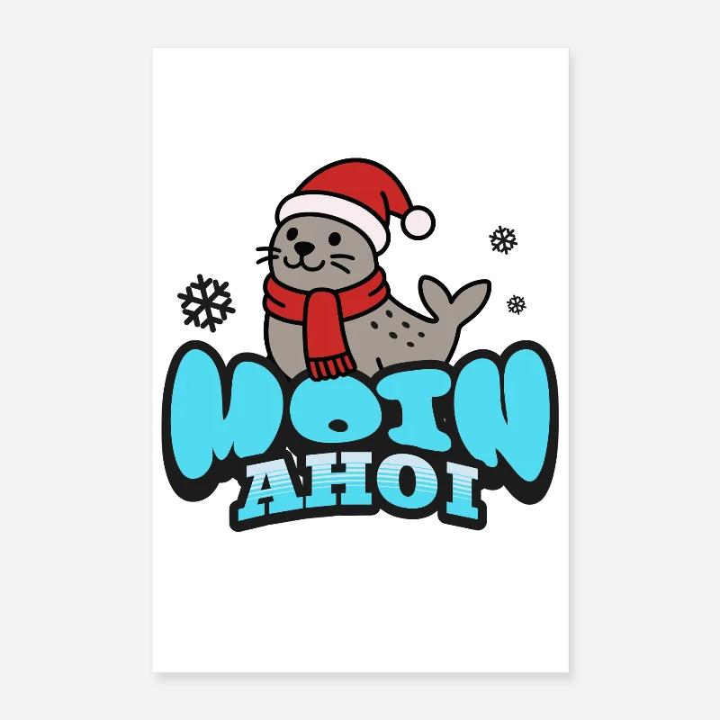 Moin &amp; Ahoi | Phoque avec bonnet de Père Noël Poster 40 x 60 cm