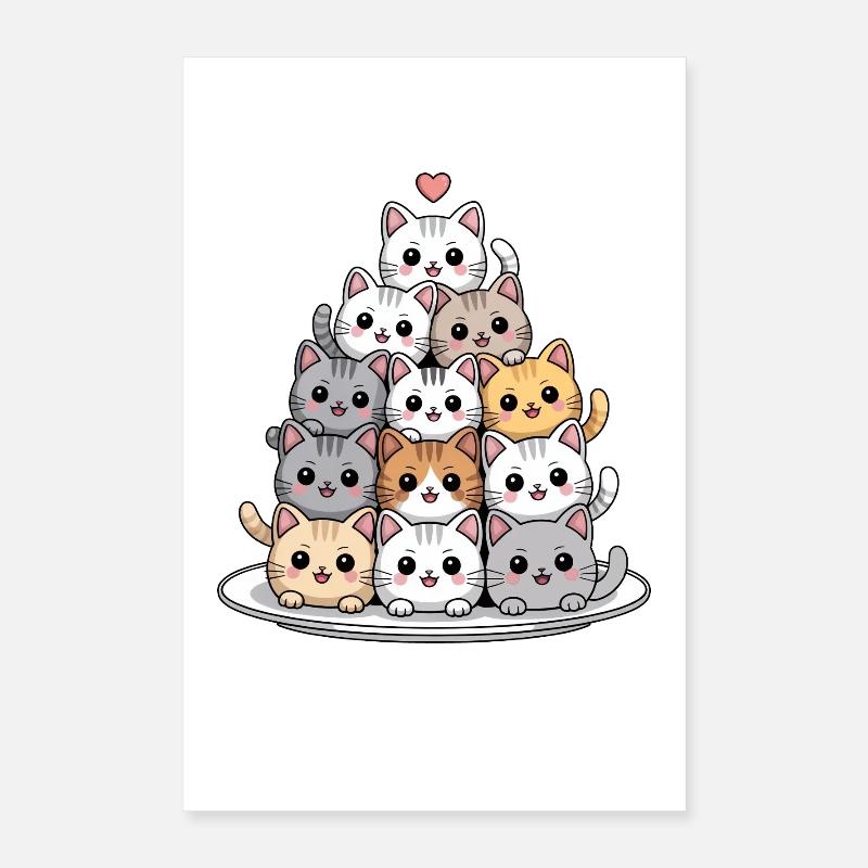Cute Cat Stack With Heart Cartoon Poster 16" x 24" (40x60 cm)