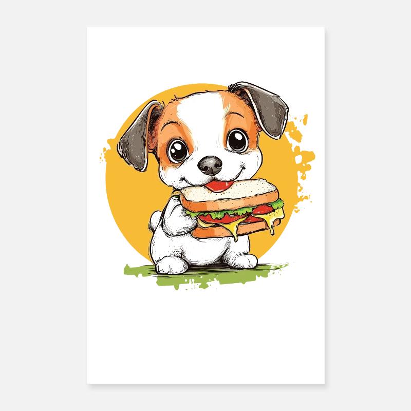 Petit chien dégustant un hamburger Poster 40 x 60 cm