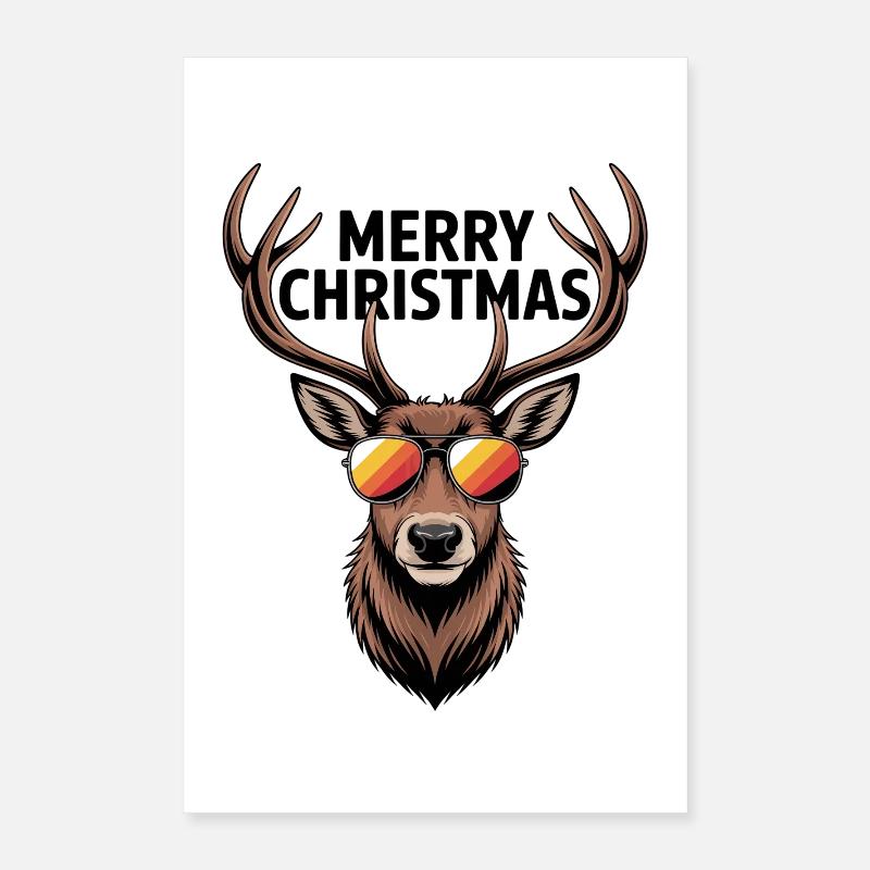 Cerf avec bois et lunettes de soleil Joyeux Noël Poster 40 x 60 cm