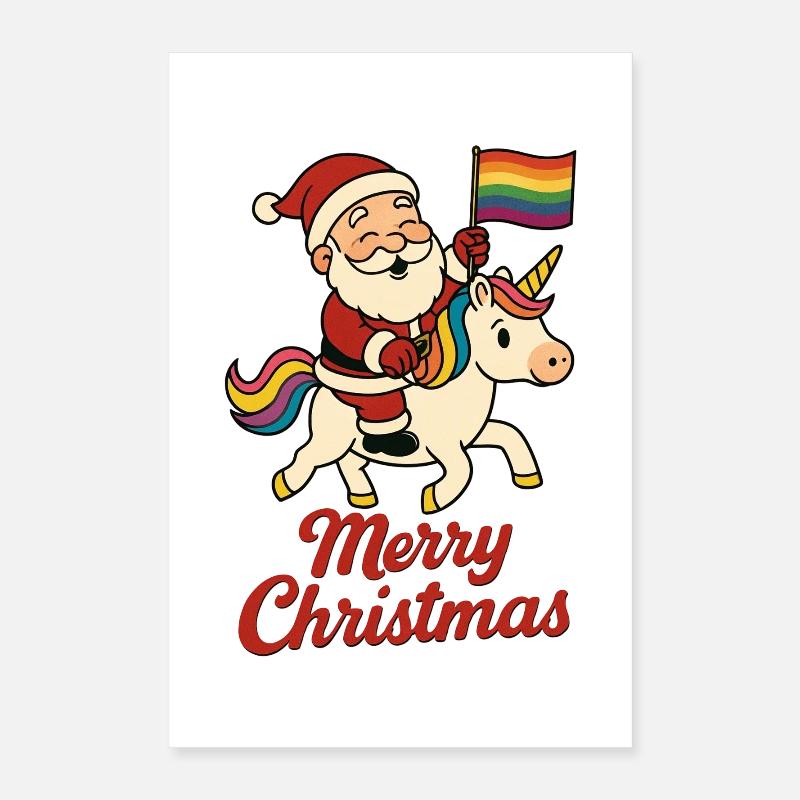 Weihnachtsmann auf Einhorn mit Regenbogenfahne Poster 40x60 cm