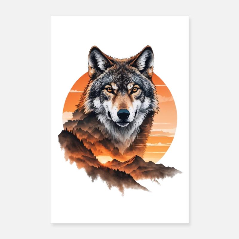 Wolf im Abendrot über Bergen Poster 40x60 cm