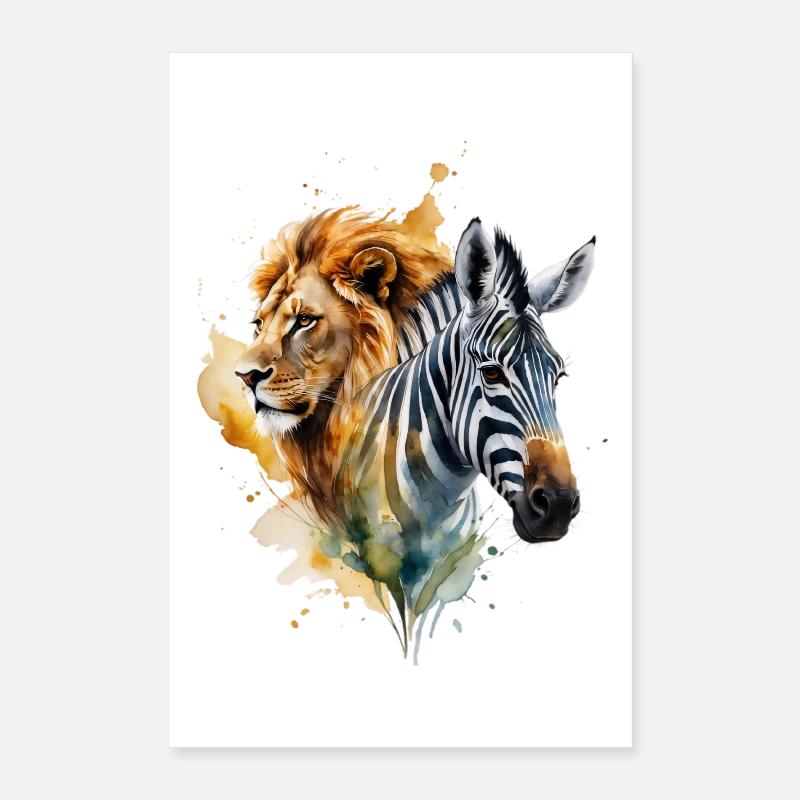 Aquarelle Lion Zèbre Patchwork Poster 40 x 60 cm