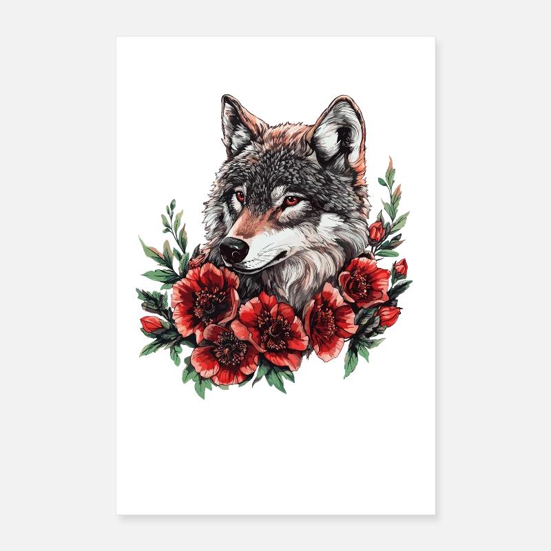 Tête de loup dans une couronne de fleurs Poster 40 x 60 cm