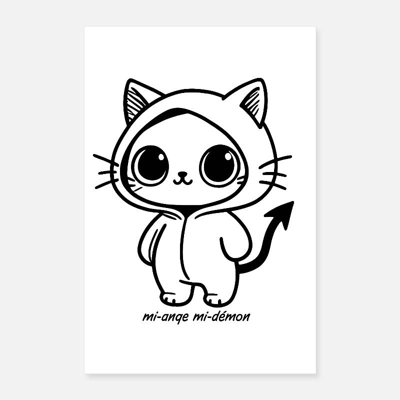 Kawaii-Katze im schwarzen Kapuzenpullover, halb Engel, halb Dämon Poster 40x60 cm