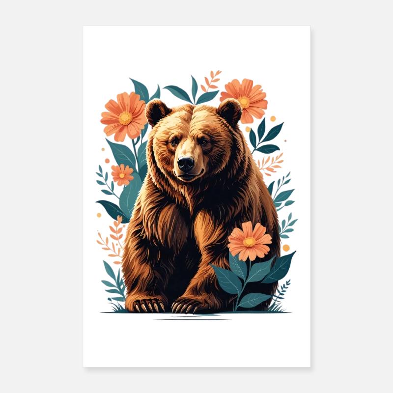 Ours brun dans un cadre de fleurs Poster 40 x 60 cm
