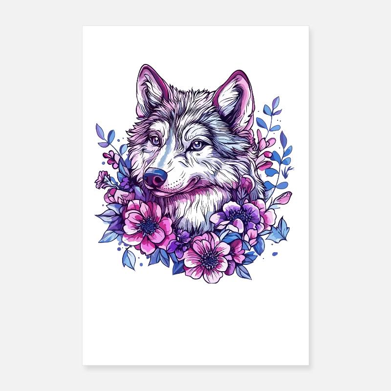 Loup fleur : explosion de couleurs dans la couronne de fleurs Poster 40 x 60 cm