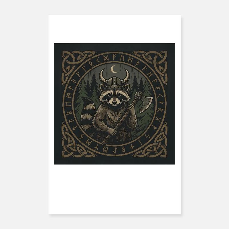 Wikinger Waschbär Krieger Mit Axt Runen Poster 40x60 cm