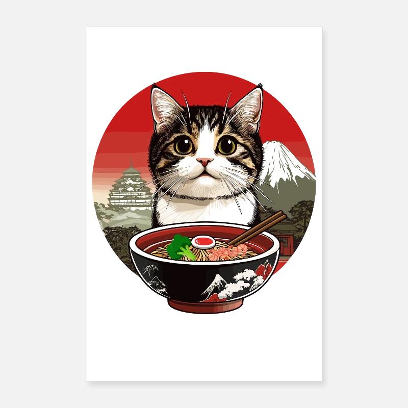 Chat avec des ramen devant le décor du Japon Poster 40 x 60 cm