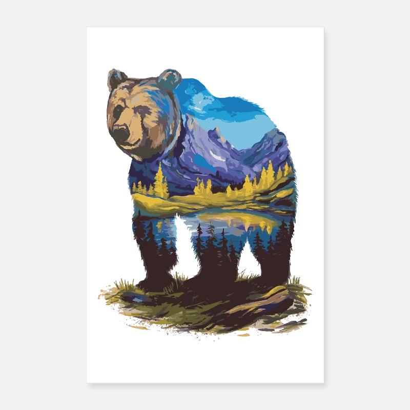 Wander Bear Mountains Lake Conception rétro de la nature Poster 40 x 60 cm