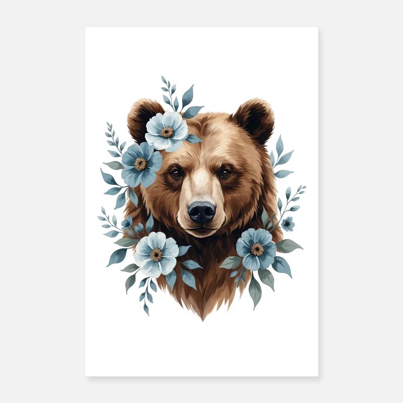 Ours avec cadre de fleurs bleues Poster 40 x 60 cm