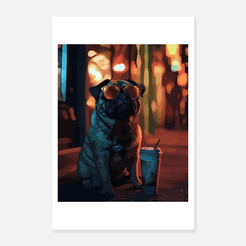 Mops mit Sonnenbrille und Eiskaffee Poster 40x60 cm