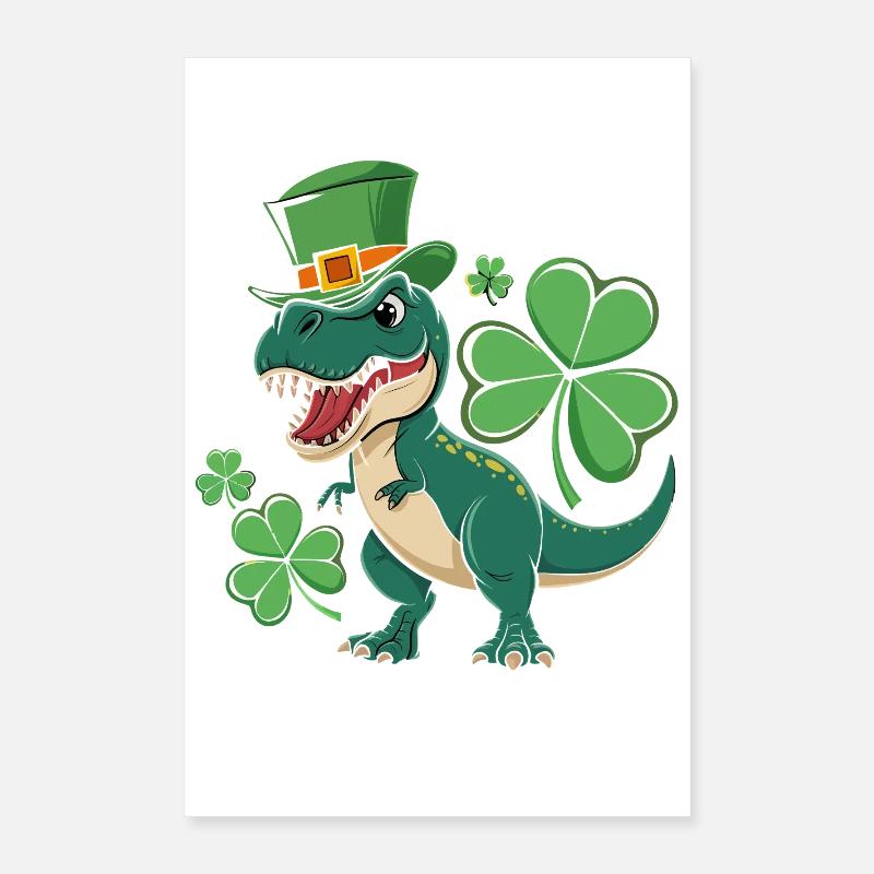 Dino vert avec chapeau de trèfle Poster 40 x 60 cm