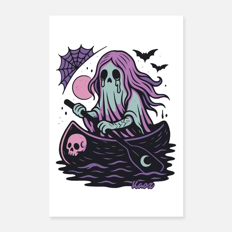 Ghost in the boat with moon and bat Poster 16" x 24" (40x60 cm)