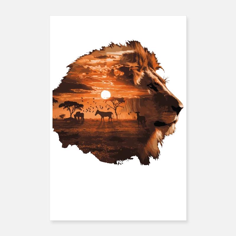 Löwe Savanne Sunset Double Exposure Design Poster 40x60 cm