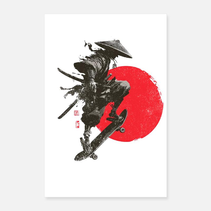 Silhouette eines Samurai-Skaters mit roter Sonne Poster 40x60 cm