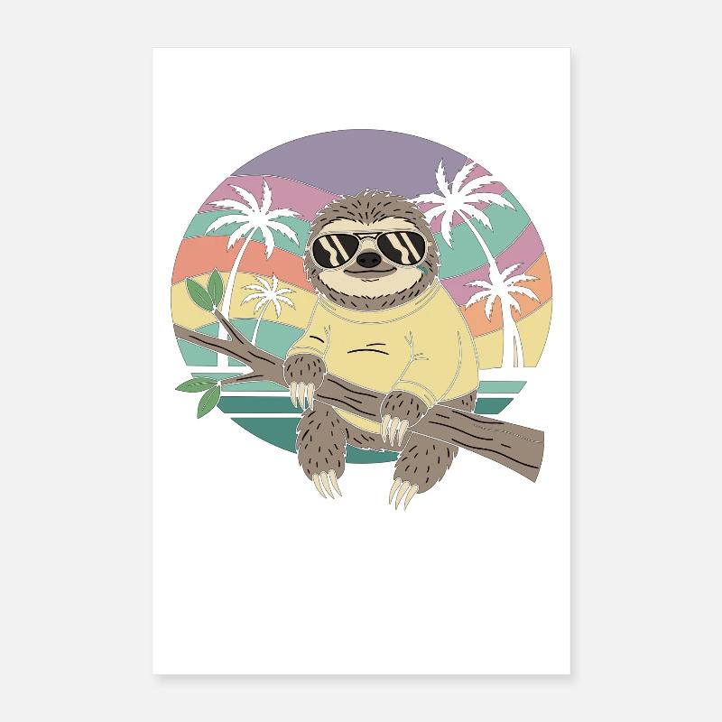 Cool Sloth Retro Summer Palm Trees Poster 16" x 24" (40x60 cm)