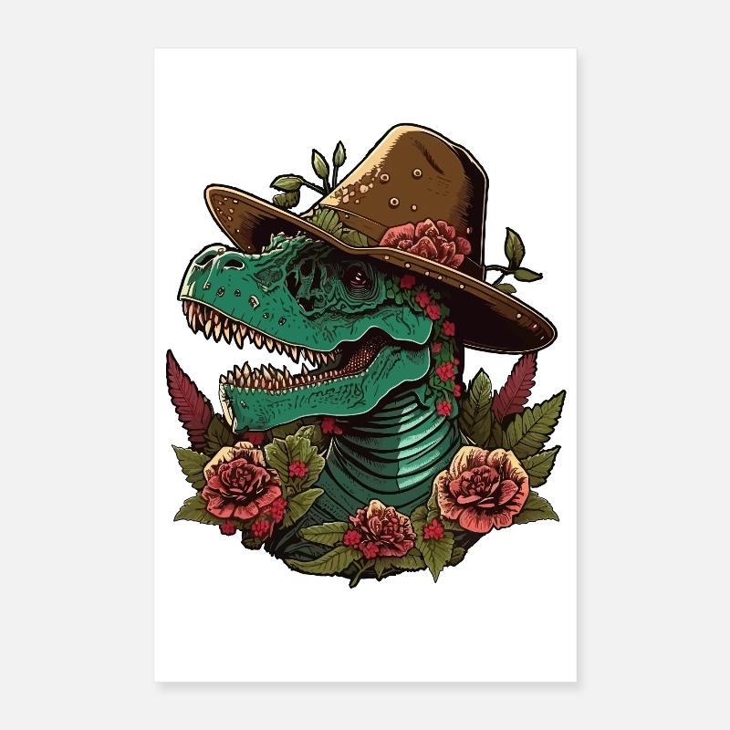Dinosaur Sugar Skull Floral Rex with Wide Hat Poster 16" x 24" (40x60 cm)