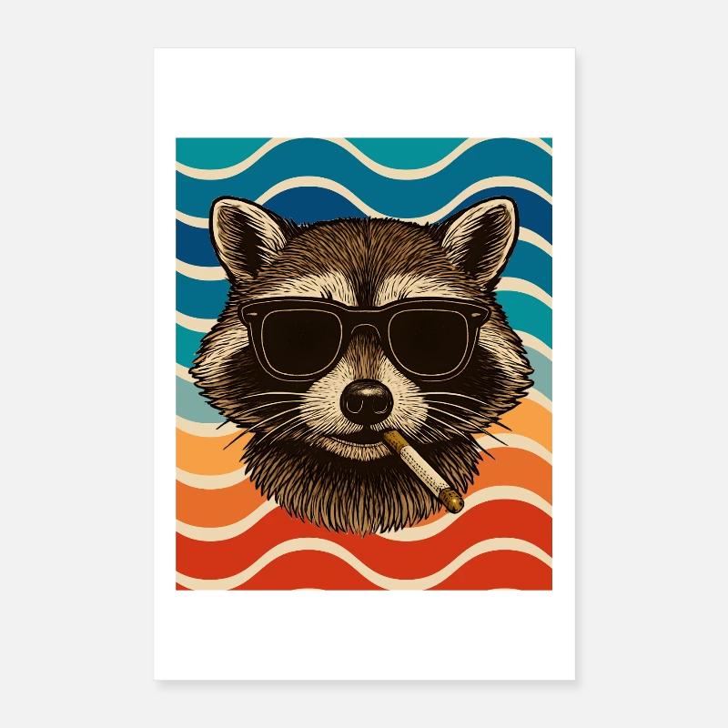 Waschbär mit Sonnenbrille Zigarette Poster 40x60 cm