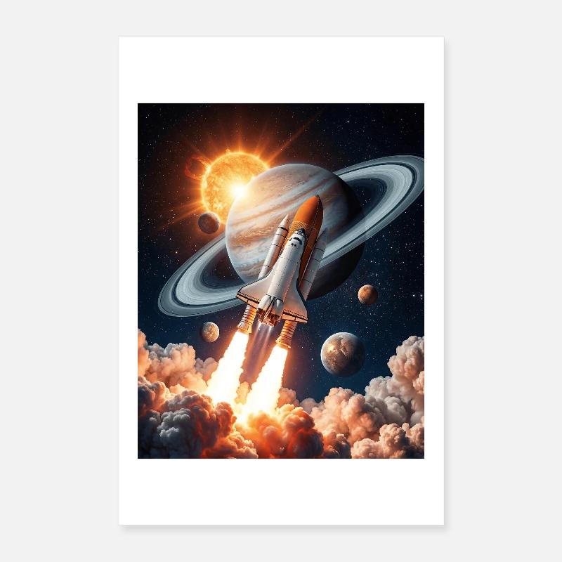 Rocket through Saturn's rings in space Poster 16" x 24" (40x60 cm)