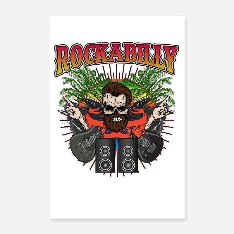 Rockabilly Skull Guitariste Art rock rétro Poster 40 x 60 cm
