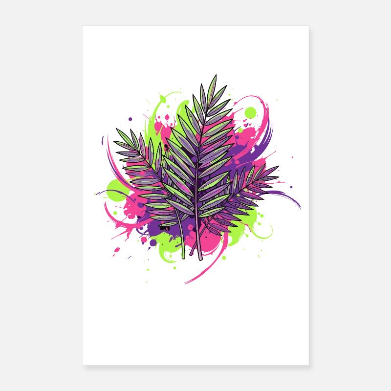 Feuille tropicale néon avec des éclaboussures de peinture Poster 40 x 60 cm