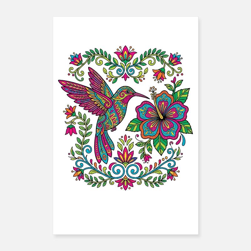 Fleurs Alebrije Colibri mexicain Poster 40 x 60 cm