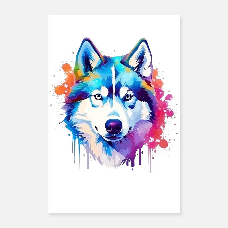 Art coloré de chien Husky éclaboussant Poster 40 x 60 cm