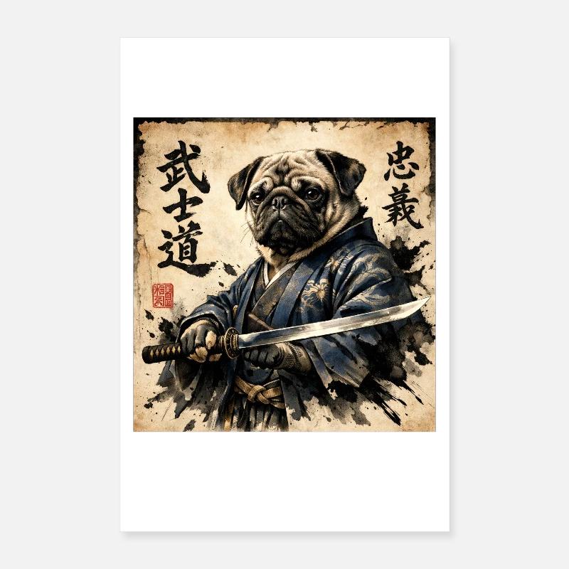 Samurai Pug Japanese Calligraphy Artwork Poster 16" x 24" (40x60 cm)