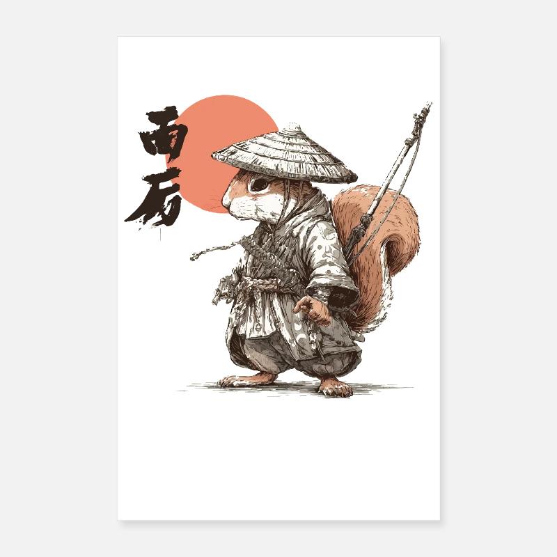 Samurai-Eichhörnchen unter roter Sonne Poster 40x60 cm