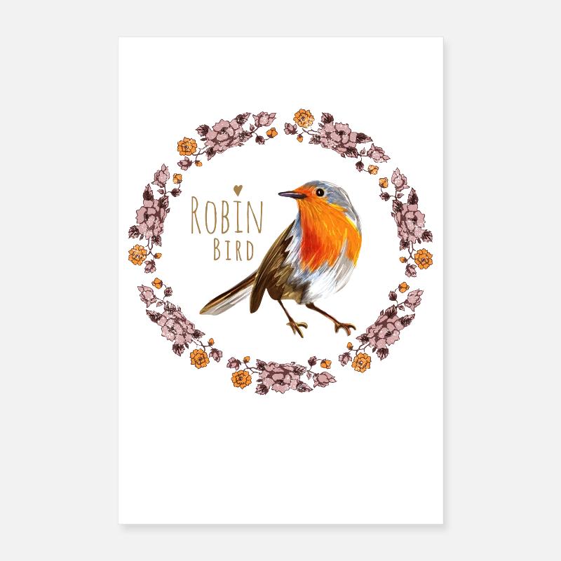 Rotkehlchen Vogel mit botanischen Blumen Design Poster 40x60 cm